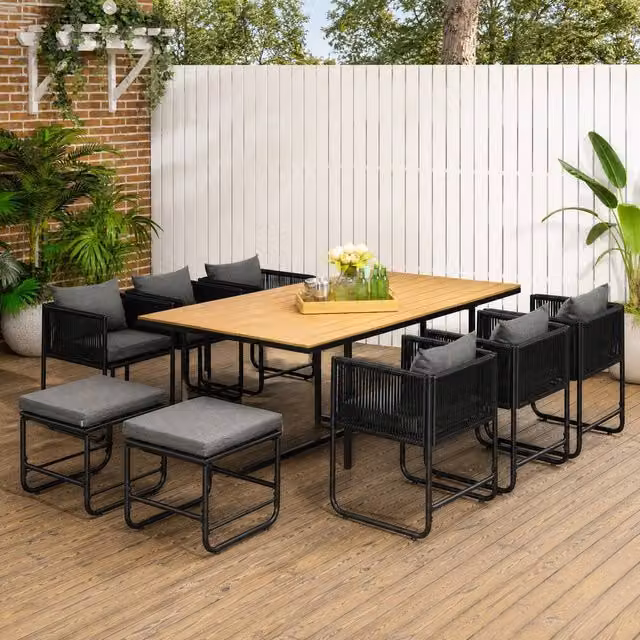 STILVORA 10-Seater Dining Set with Rattan Design in Black