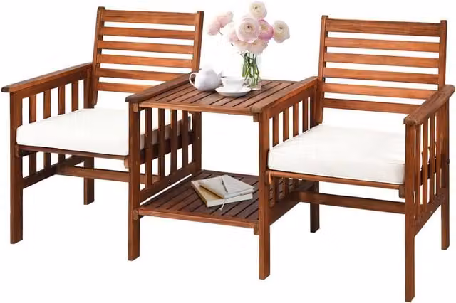 Gymax 3 Piece Acacia Wood Garden Furniture Set in Brown with Outdoor 2 Seater Sofa, Coffee Table and Upholstered Cushions