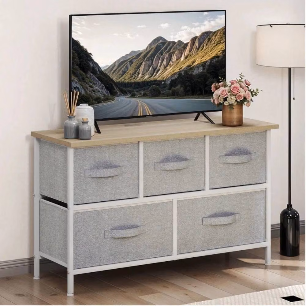 VOGREX Grey 5 Drawer Fabric Bedroom Storage Chest with Steel Frame – 2