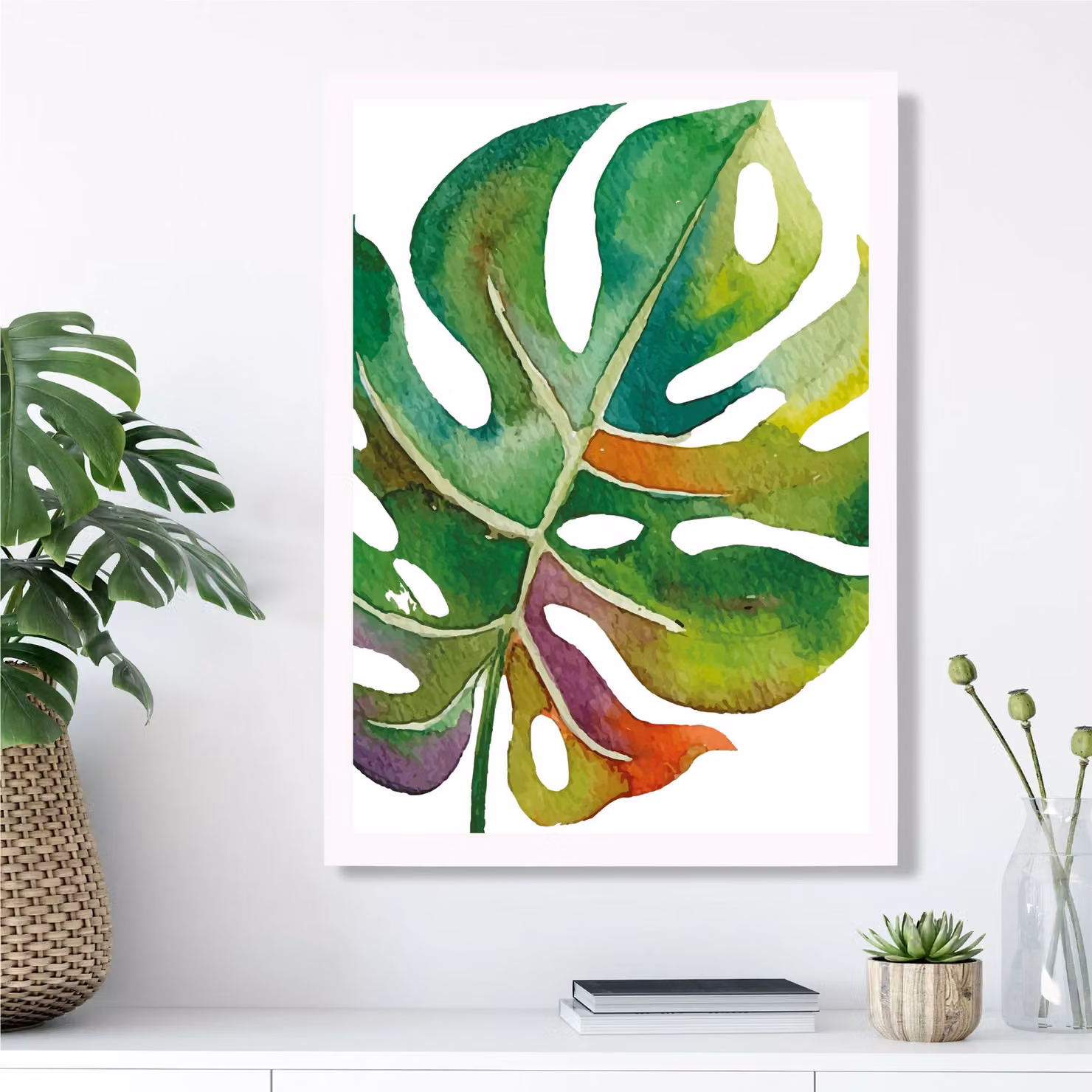 ARTZE Monstera Leaf Abstract Watercolour Botanical Framed Print in Green and White – 2