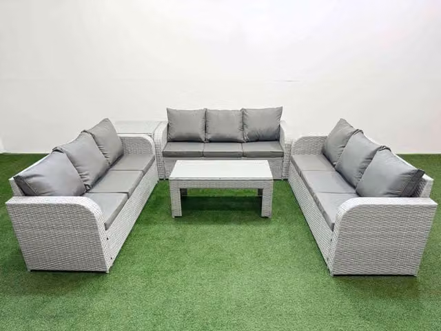 Fimous 9 Seater PE Rattan Garden Furniture Set with Oblong Coffee Table and Side Table in Light Grey