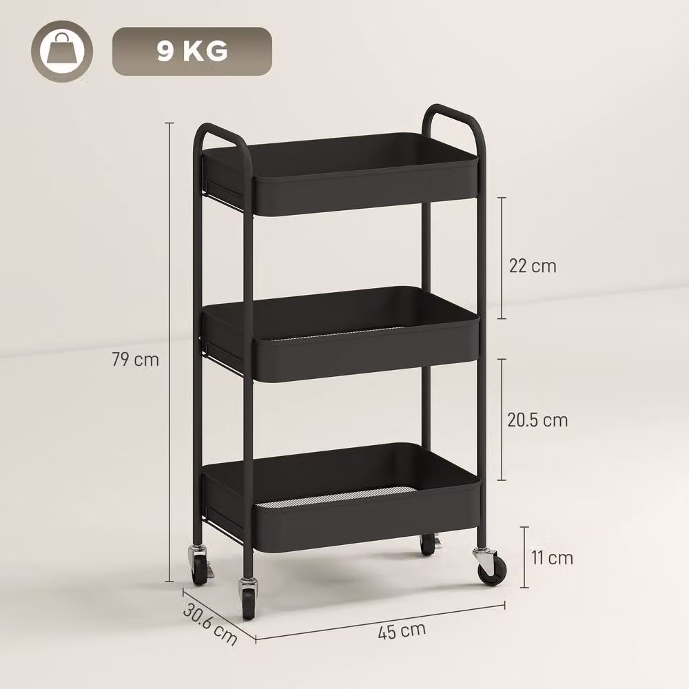 STILVORA Metal Steel Storage Trolley with 3 Baskets in Black, H 79.0 x W 30.6 x D 30.6 cm – 2