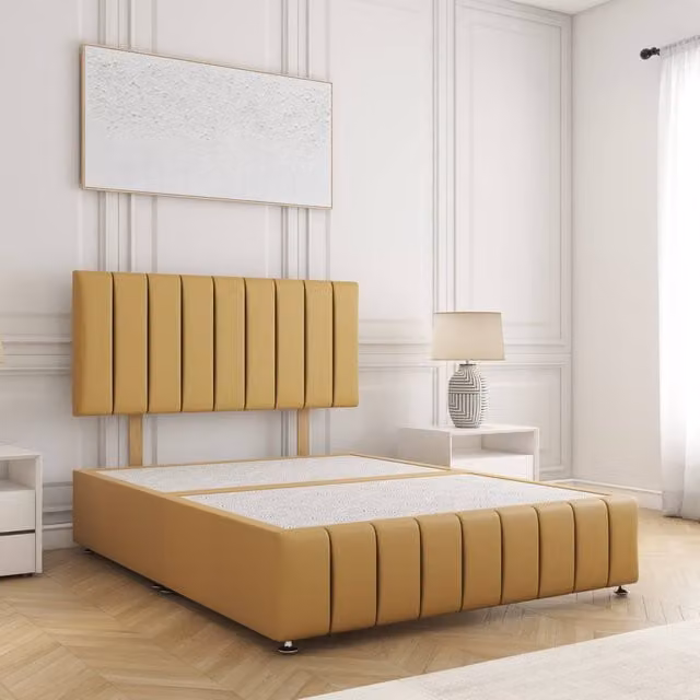 BSSPOKE Sierra King Size Divan Bed with 24 inch Headboard in Mustard Yellow Plush Velvet, W/D/H: 180 x 200 cm