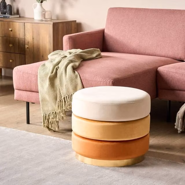 Wyld and Coco Ombre Orange Velvet Footstool with Gold Base, W/D/H: 48 x 48 x 41 cm