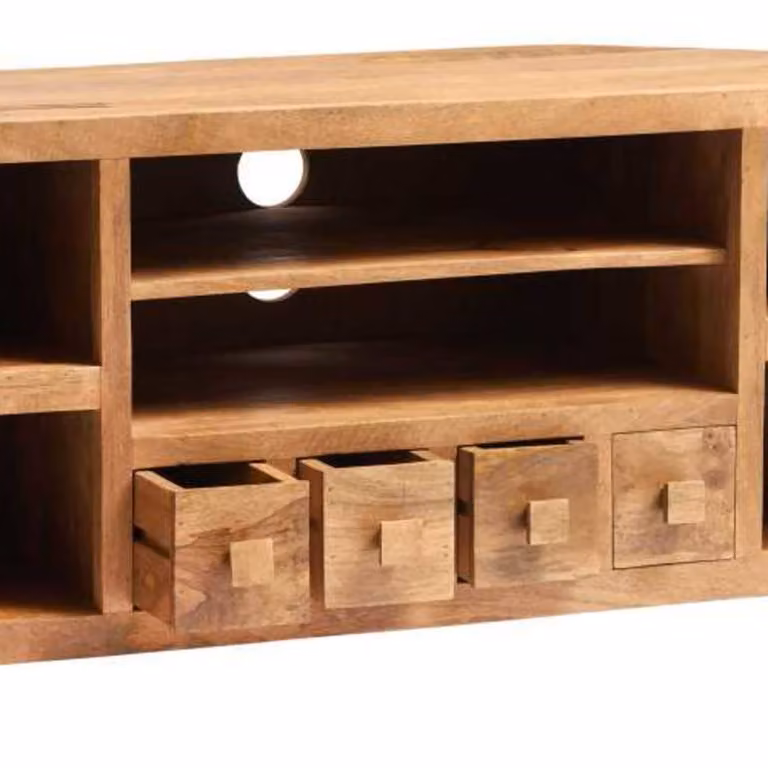 Wyld Haus Manila Mango Wood Corner TV Unit with 4 Drawers and Open Shelving in Brown, W/D/H: 120 x 45 x 55 cm