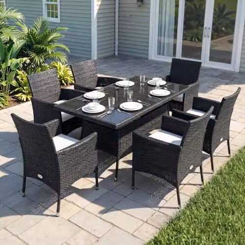 Outsunny 7-Piece Black Rattan Garden Furniture Dining Set – 2