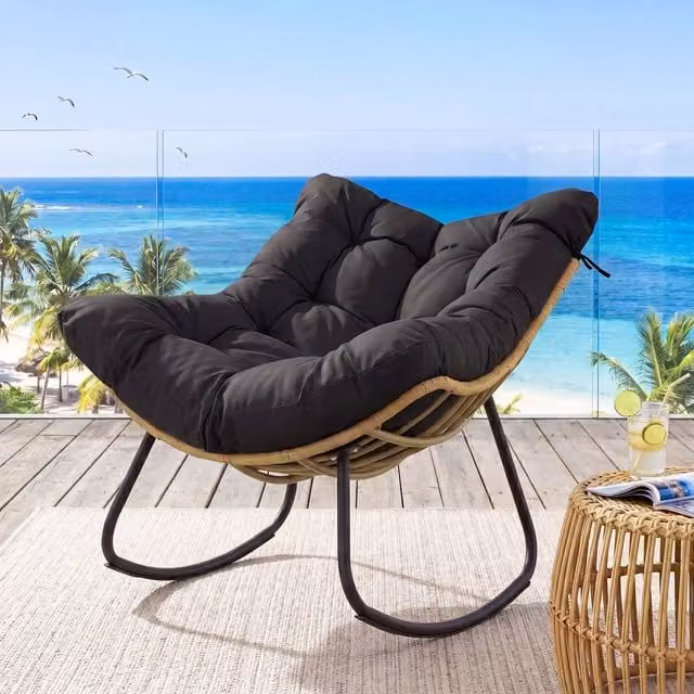 Costway Oversized PE Wicker Outdoor Rocking Egg Chair with Cushion in Black