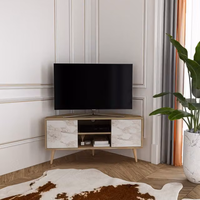 Decorotika Lesson Corner Minimalist TV Unit in White and Grey with Cable Management