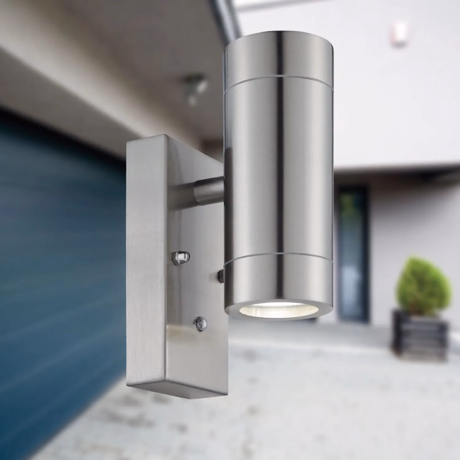 First Choice Lighting Set of 2 Blaze Stainless Steel Outdoor Up Down Wall Lights with Motion and Dusk Sensors in Silver – 3