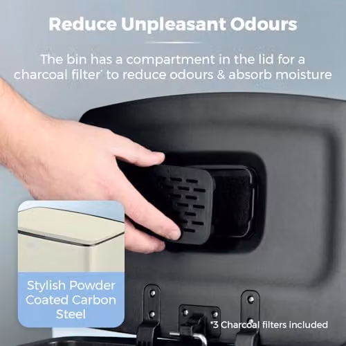 Tower 40L Rectangular Pedal Bin with Removable Inner Bucket and Odour Filter in Black or Beige – 3