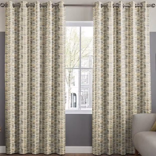 Terrys Made to Measure Striped Blackout Fabric Panel Curtain in Grey, Yellow and Beige with Eyelets