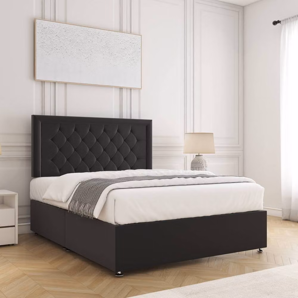 BSSPOKE Nova Plush Velvet Divan Bed Set with 24 inch Headboard and Mattress in Black, Super King, W/D/H: 200 x 200 cm – 2