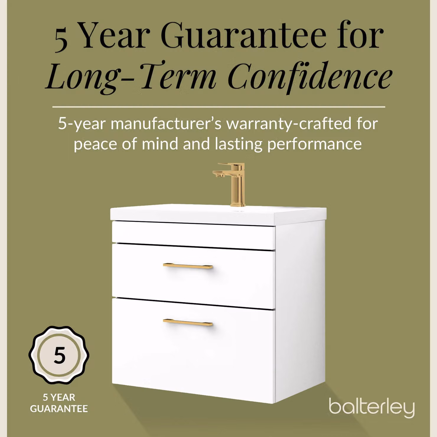 Balterley White Glossy Wall Hung Bathroom Vanity Basin Unit with Brushed Brass Handles, Width: 60 cm – 4