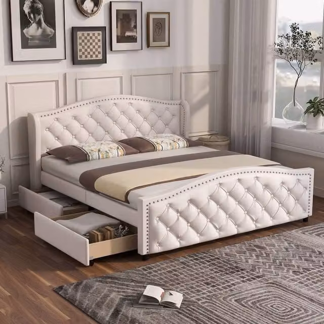 Merax White PU Double Bed Frame with 2 Storage Drawers, W/D/H: 135 x 190 cm