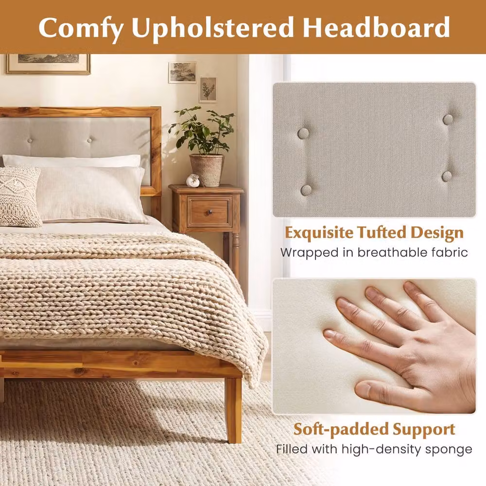Costway King Size Acacia Wood Platform Bed Frame with Tufted Fabric Headboard, Brown – 3
