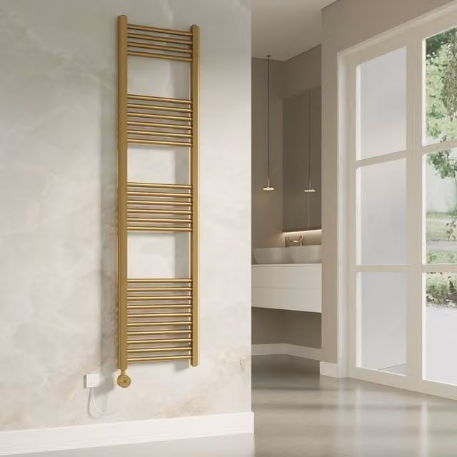 Banyetti Aureli Brushed Brass Electric Ladder Towel Rail Radiator in Gold, W/H: 40 x 160 cm