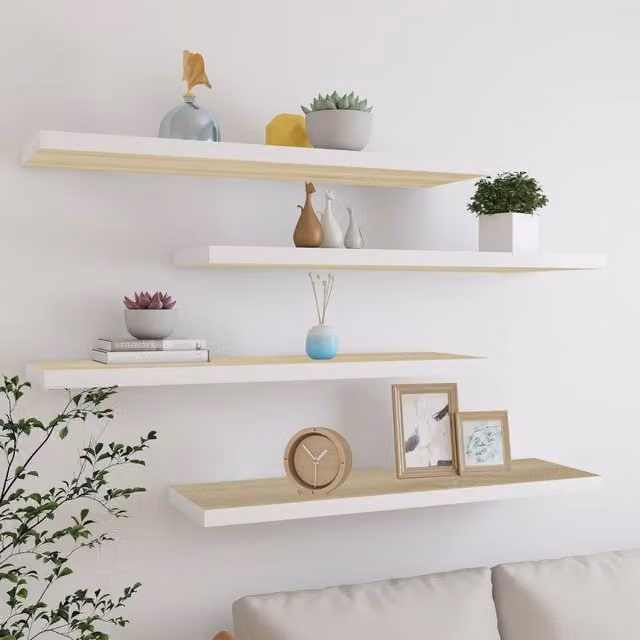 Berkfield Home Floating Wall Shelves, 4 Piece Oak and White MDF Set, W/D/H: 90 x 23.5 x 3.8 cm, Brown