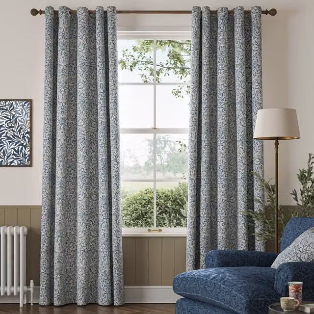 William Morris Acorn River Made To Measure Blue Floral Blackout Cotton Eyelet Curtains