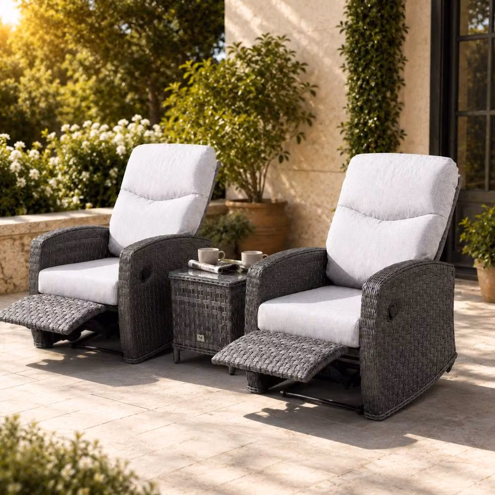 Shatchi Verona 2 Seater Rattan Reclining Bistro Set with Dark Grey Cushions – 5