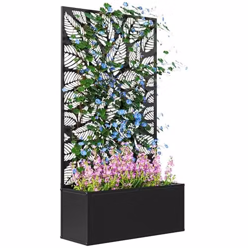 Outsunny Metal Garden Raised Bed with Privacy Screen and Trellis, Black