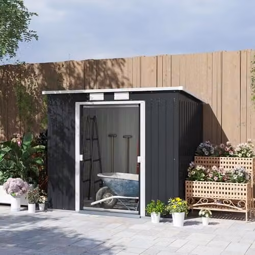 Outsunny Metal Lean-to Garden Storage Shed with Double Door and Foundation Kit, Grey, W/D/H: 213.4 x 121.9 x 173 cm – 2