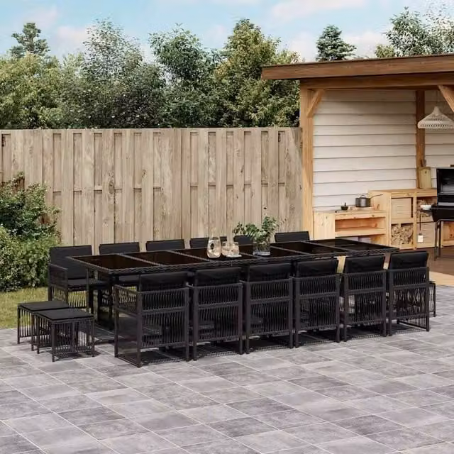 Berkfield Home 17 Piece Black Poly Rattan Garden Dining Set with Cushions – 1