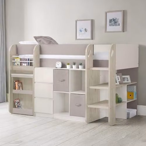 Julian Bowen Saturn Taupe and White Cabin Midsleeper Bed Frame with Stairs and Drawers H: 202 cm x W: 90 cm x D: 196 cm – 1