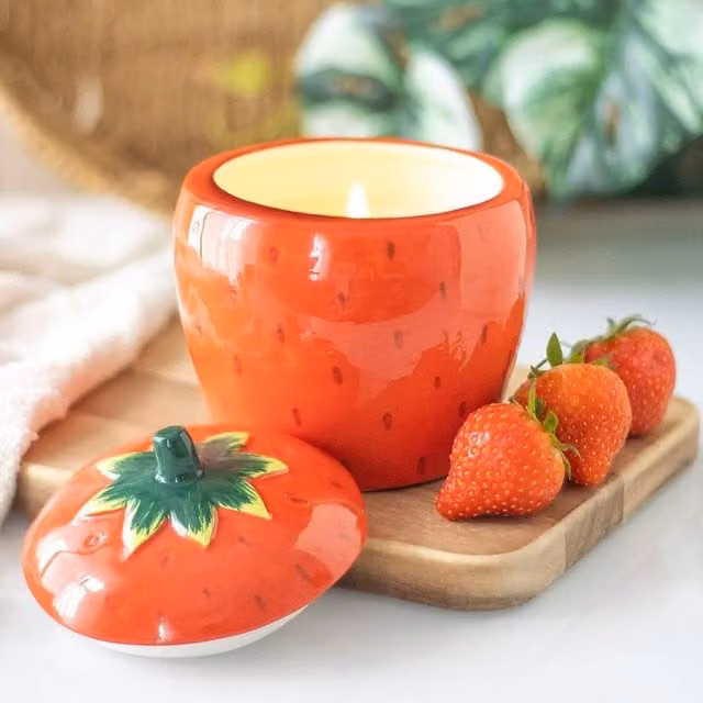 Uniqueful Red Strawberry Shaped Ceramic Pillar Candle Jar