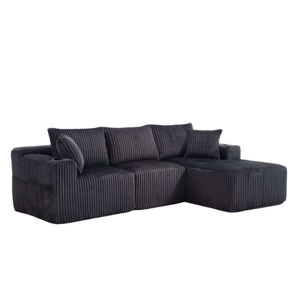 STILVORA Modular L-Shape Sectional Sofa in Grey Corduroy with Cup Holders and Sleeping Function – 3