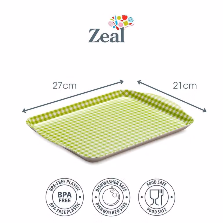 Zeal Melamine Rectangular Gingham Serving Tray with Handles, Green, W: 27 cm, D: 21 cm