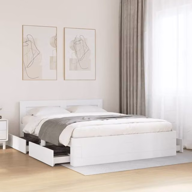 Berkfield Home Bed Frame with Headboard and Drawers in White, W/D/H: 160 x 200 cm