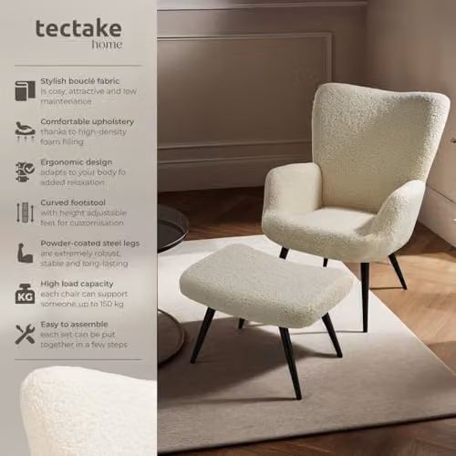tectake Scandi Style Armchair with Ottoman in Cream Bouclé and Black Metal Legs – 2