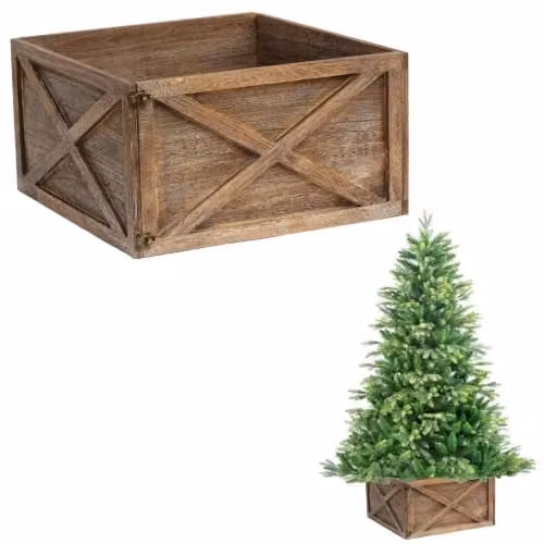 Shatchi Foldable Wooden Christmas Tree Skirt Box in Brown and White, W/D/H: 45 x 43 x 25 cm