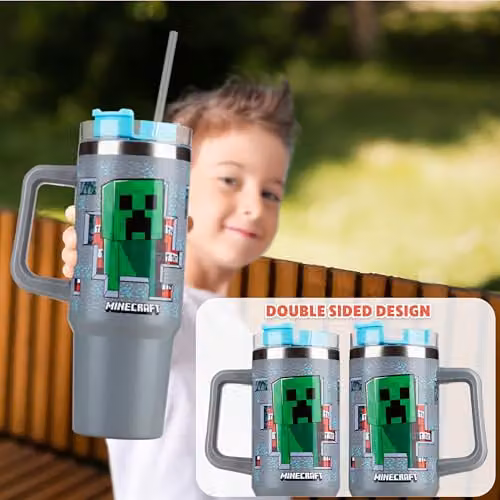 Get Trend Minecraft Insulated Bradley Travel Mug with Straw and Handle, 840ml, Grey – 5