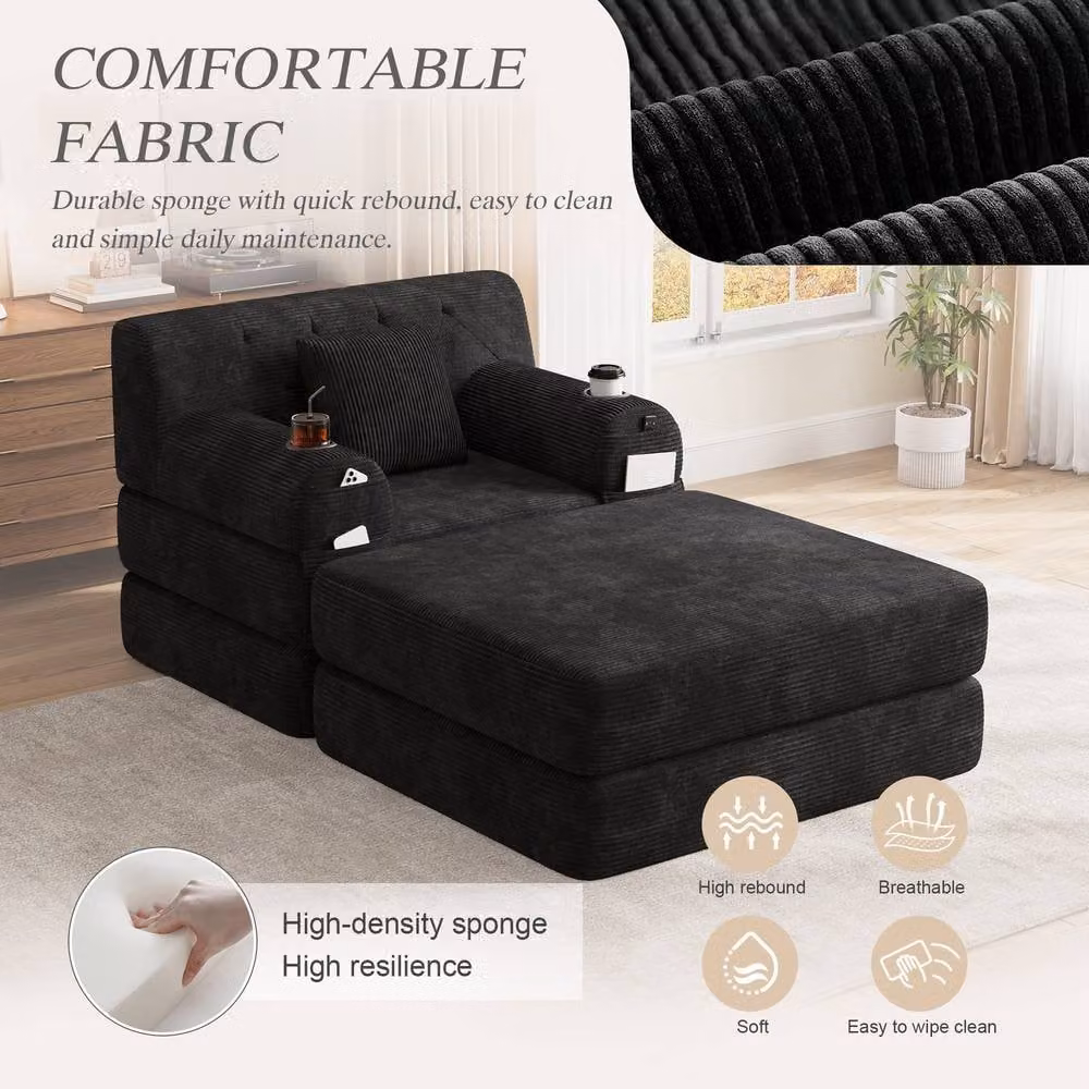 Direct Wicker Black Cord Convertible Sleeper Chair with Ottoman, Cup Holders and Side Pocket – 3