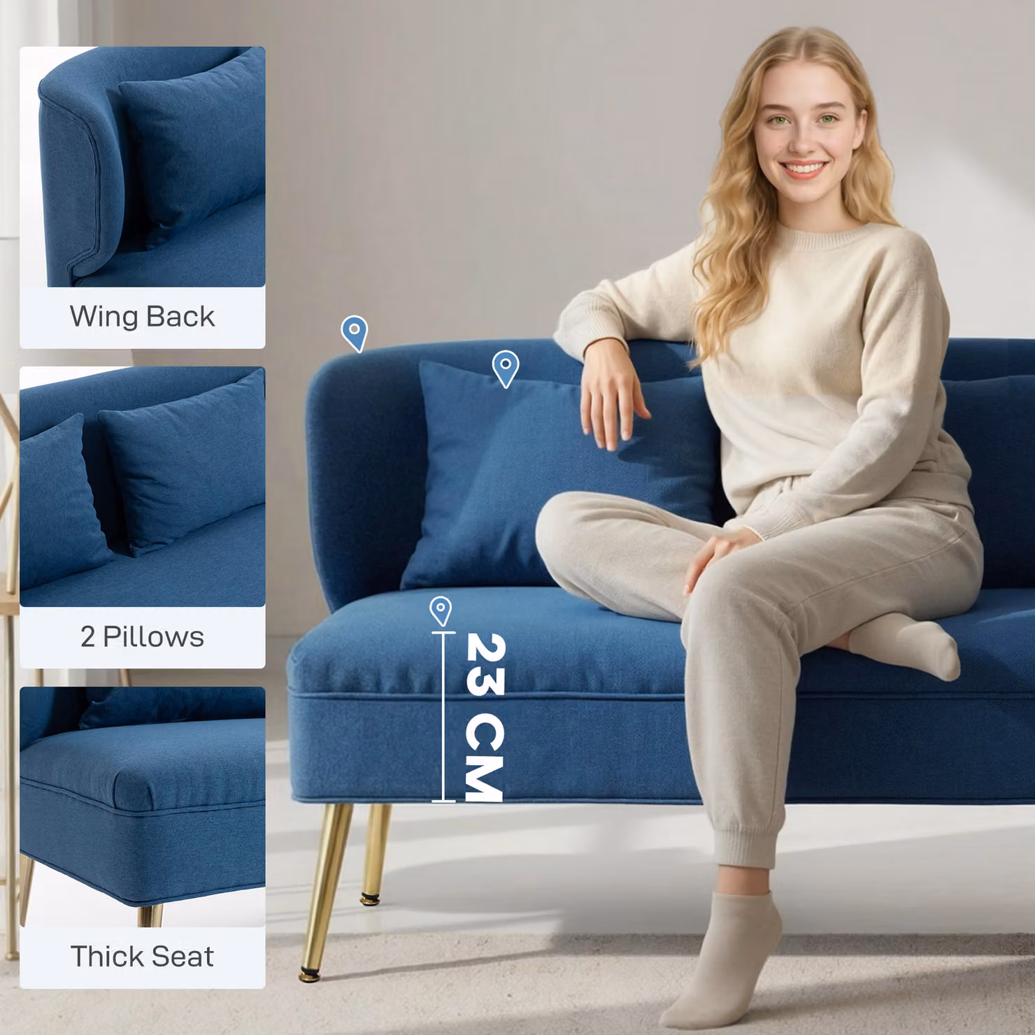 HOMCOM 2 Seater Upholstered Sofa in Blue Fabric with Metal Legs – 5