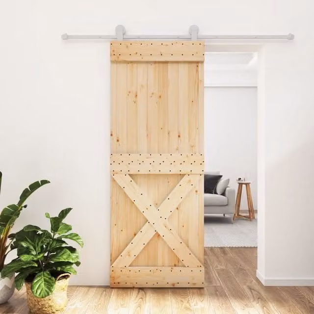 Berkfield Home Rustic Solid Wood Pine Sliding Door with Hardware Set in Brown, W: 80 cm, H: 210 cm