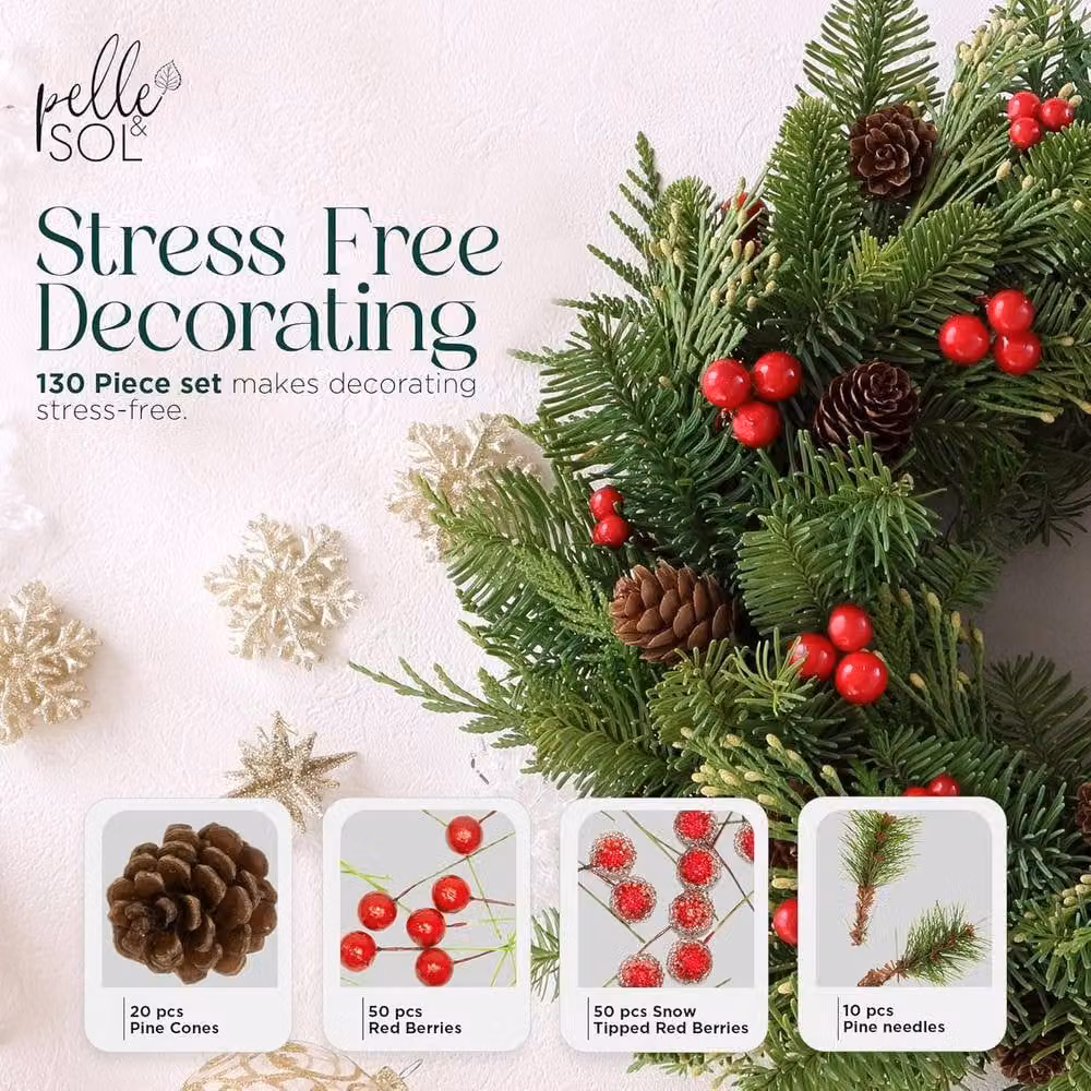 Pelle & Sol 130 Piece Christmas Crafts Realistic Pine Cones and Berry Accessory Set in Green, Red and Multicolour – 4