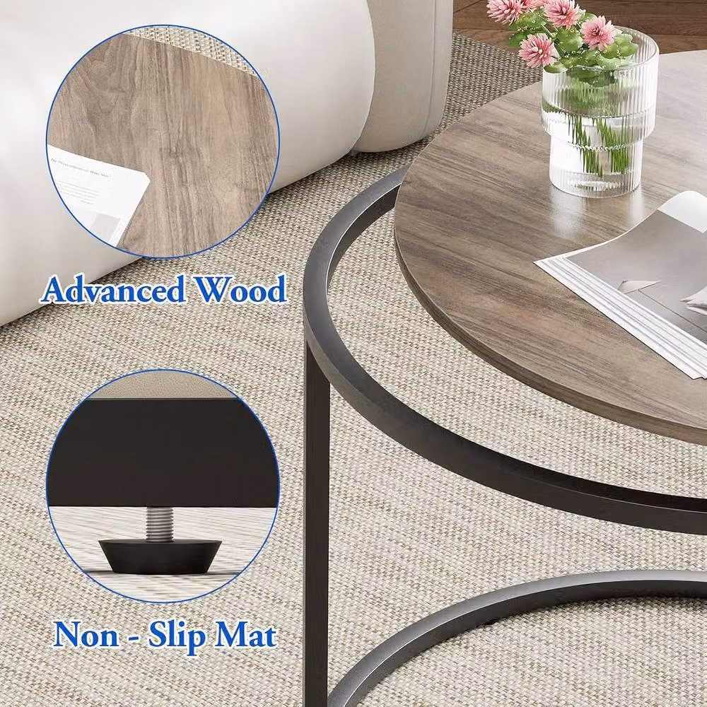 Huhote Set of 2 Round Nesting Coffee Tables with Black Metal Sled Base and Light Brown Oak Wood Tops – 7