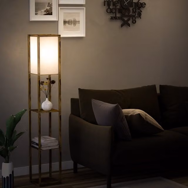 HOMCOM Modern 3-Tier Floor Lamp with Storage Shelves in Brown and White – 1