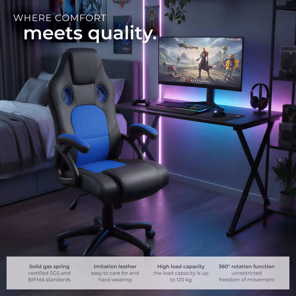 tectake Tyson Gaming Chair in Blue with Armrests and Castors – 9