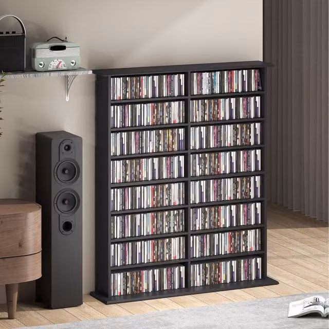 HOMCOM Black Modern CD DVD Storage Unit with Adjustable Shelves and Media Compartments