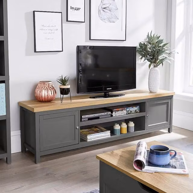 Home Source Avon 2 Door Large TV Stand Storage Unit with 36mm Oak Effect Top in Graphite and Grey