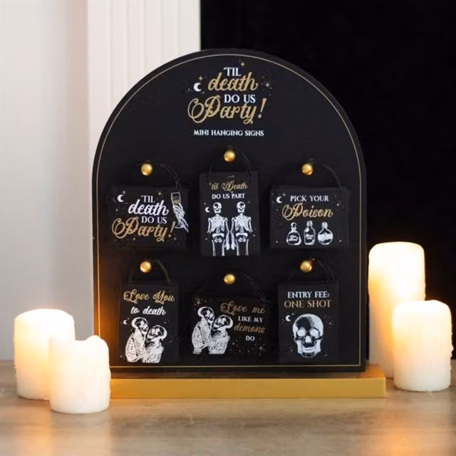 KDMK Set of 36 Black Til Death Do Us Party Vintage Rectangular Tabletop Mini Signs for Weddings and Parties