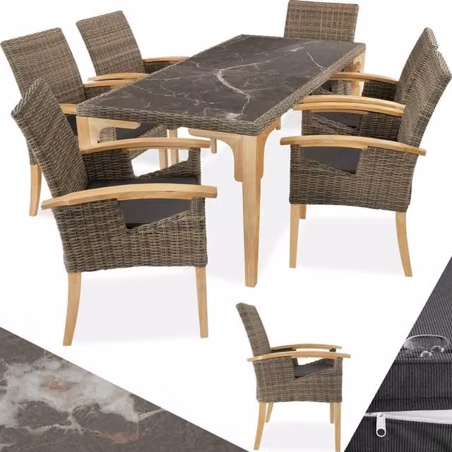 tectake Foggia Garden Table and 6 Chairs Set in Brown Polyrattan with Marble Top