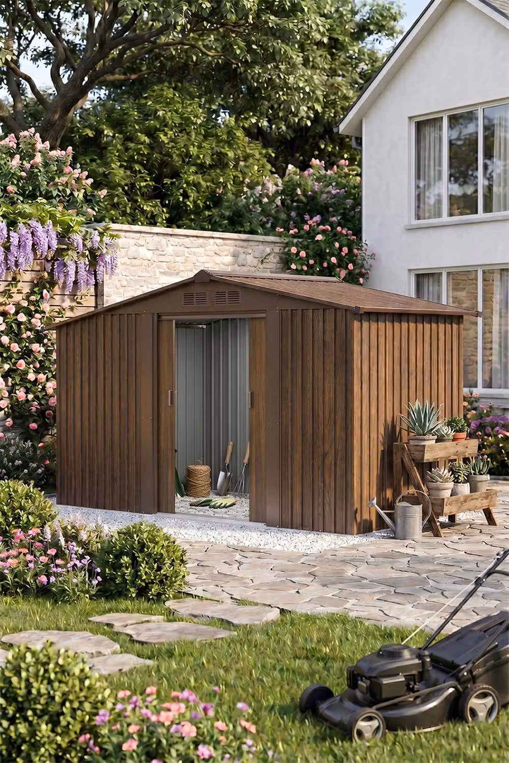 Living and Home Metal Garden Storage Shed with Log Storage in Brown – 3