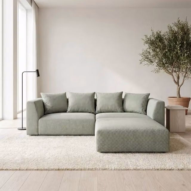 Abakus Direct Tokyo L-Shape Corner Sofa in Black and Green Basket Weave Fabric with Natural Bamboo Frame