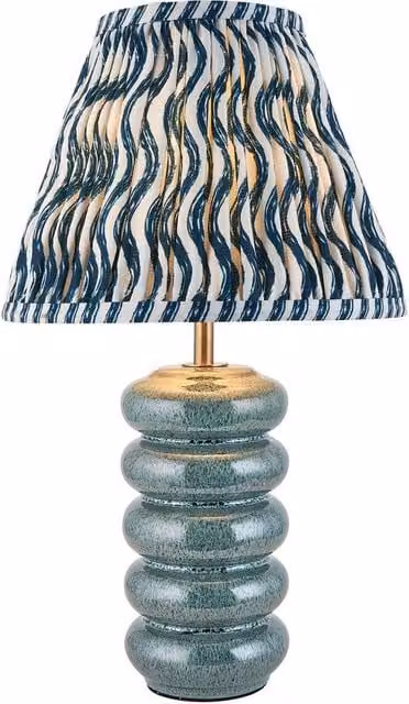Netlighting Squash Ocean Spray Glaze Table Lamp in Blue with Gold/Brass Ceramic Base and Blue Fabric Ripple Shade, Shade Diameter: 25 cm