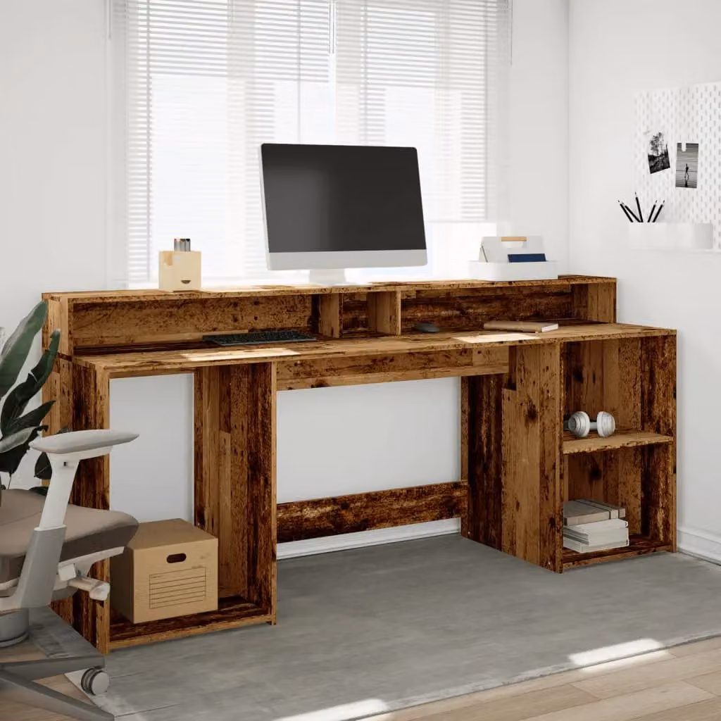 Berkfield Gaming Home Office Desk with LED Lights in Brown, W/D/H: 200 x 55 x 91 cm – 4