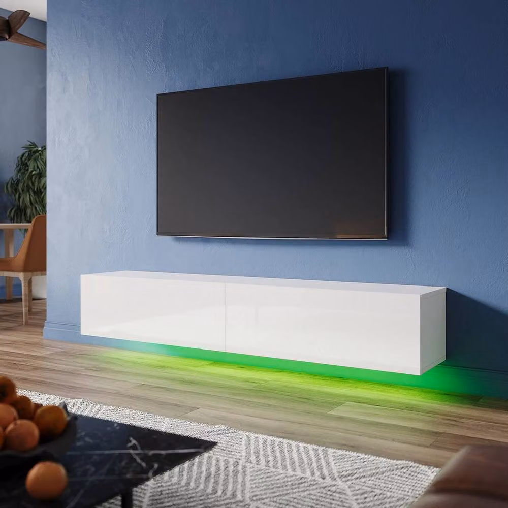 FORGEVIO Floating TV Unit Wall Mounted Cabinet in White Glossy Finish – 3